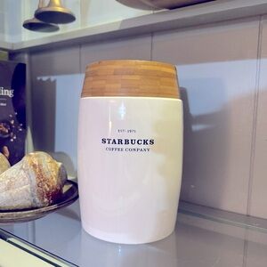 2009 Starbucks Coffee Company White W/Wood Lid Coffee 48 OZ. Canister/Jar